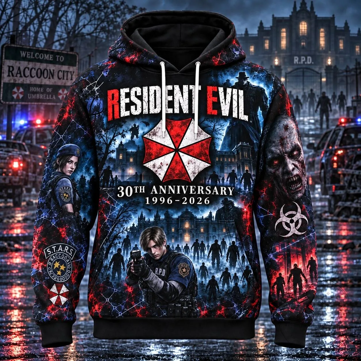 Resident Evil 30th Anniversary Raccoon City Umbrella Corporation All-Over Print Hoodie 6 Resident Evil 30th Anniversary Raccoon City Umbrella Corporation All-Over Print Hoodie
