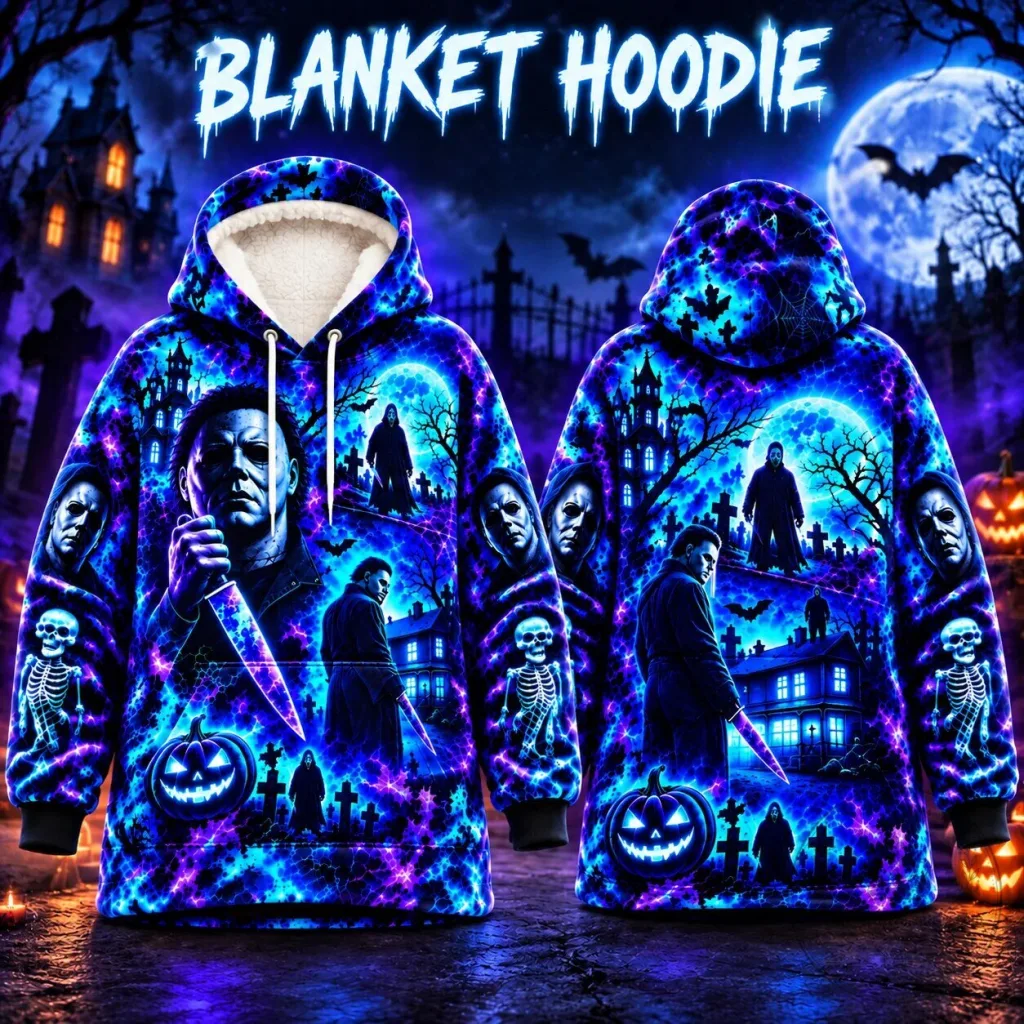 Michael Myers Halloween Horror Movie Neon Blue All Over Print Hoodie Michael Myers Halloween Horror Movie Neon Blue All Over Print Hoodie