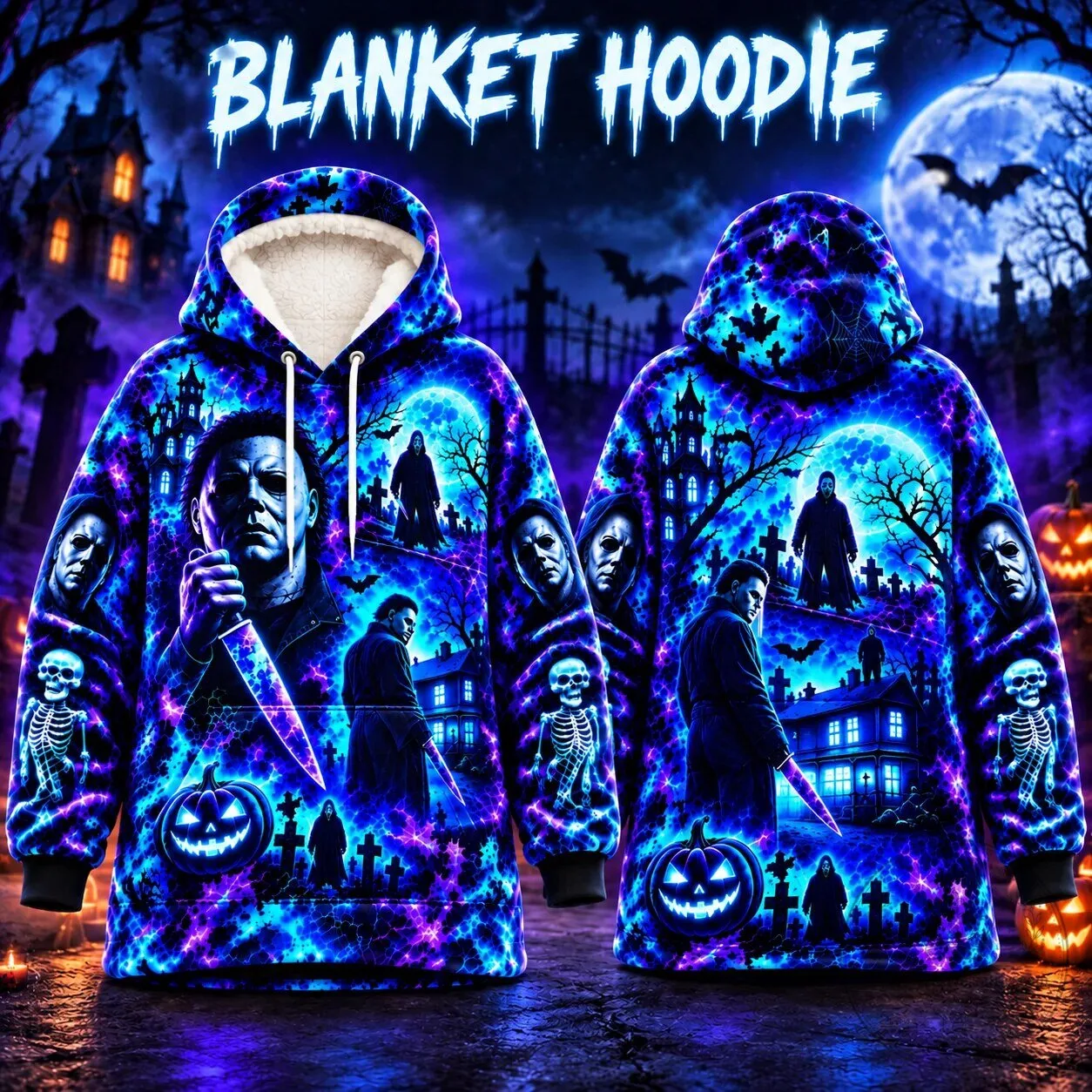 Michael Myers Halloween Horror Movie Neon Blue All Over Print Hoodie