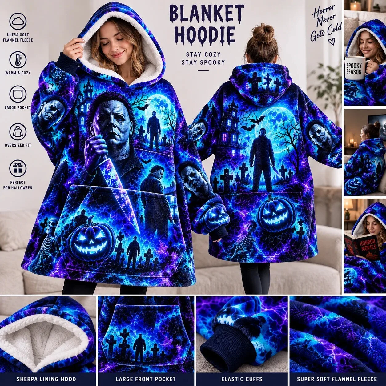 Michael Myers Halloween Horror Movie Neon Blue All Over Print Hoodie 6 Michael Myers Halloween Horror Movie Neon Blue All Over Print Hoodie