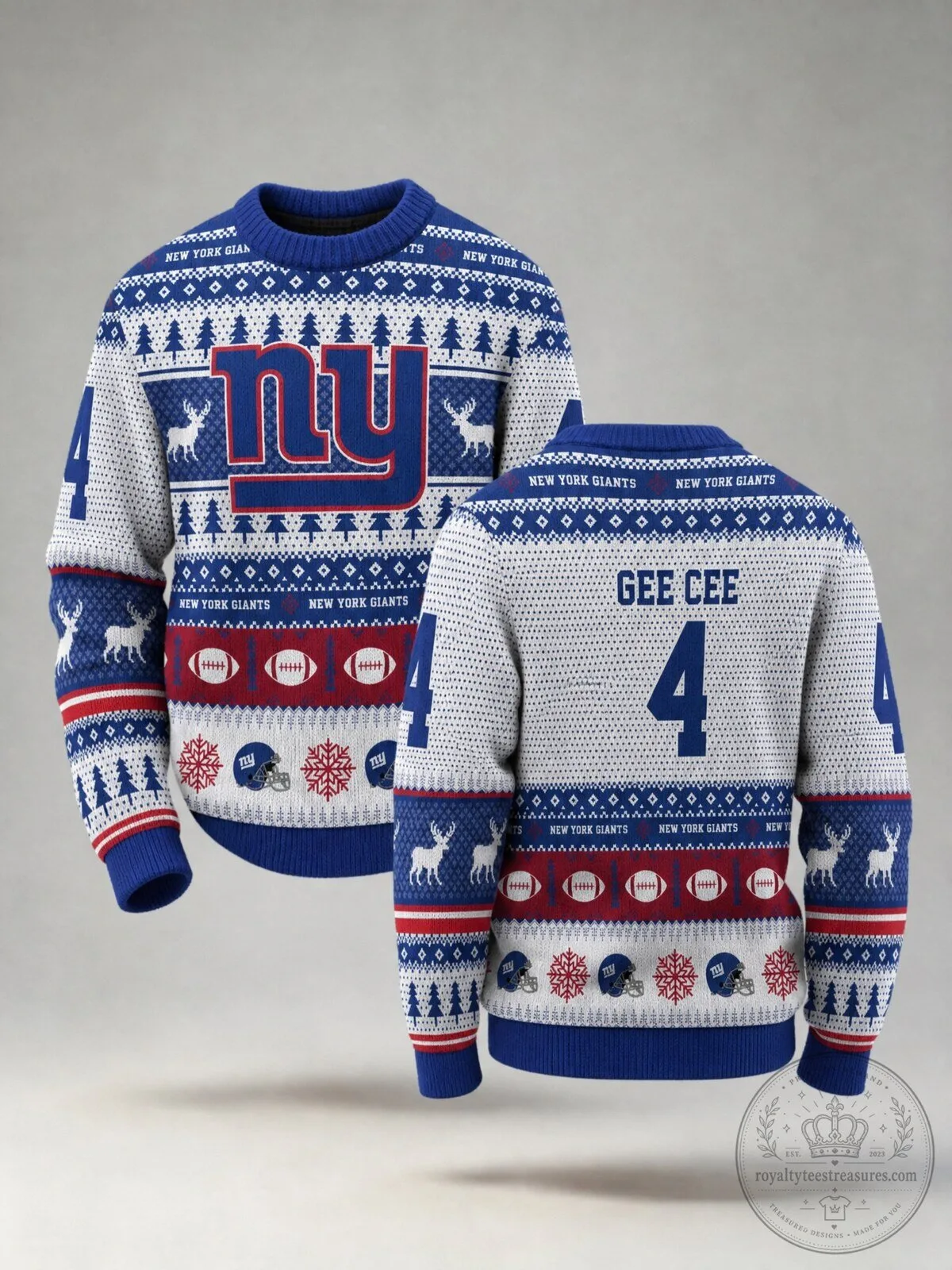 New York Giants Ugly Christmas Sweater with Snowflakes and Deer Motifs