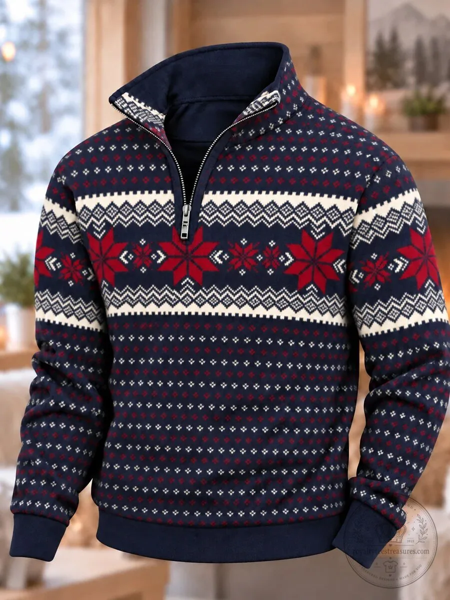 Men's Pullover Sweatshirt with Quarter-Zip and Nordic Snowflake Print