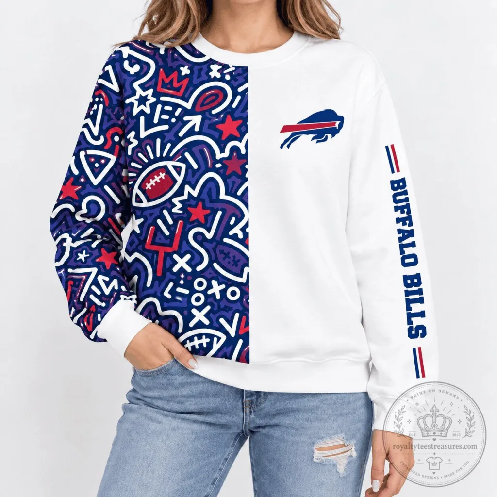 Buffalo Bills NFL Football Doodle Art White and Blue Crewneck Sweatshirt