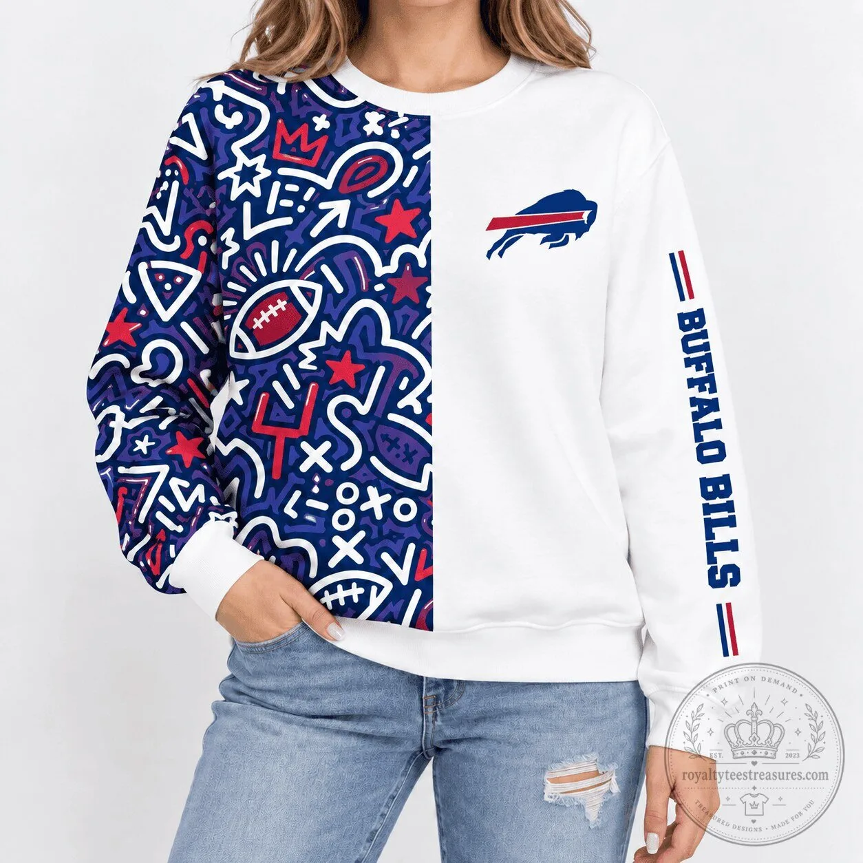 Buffalo Bills NFL Football Doodle Art White and Blue Crewneck Sweatshirt