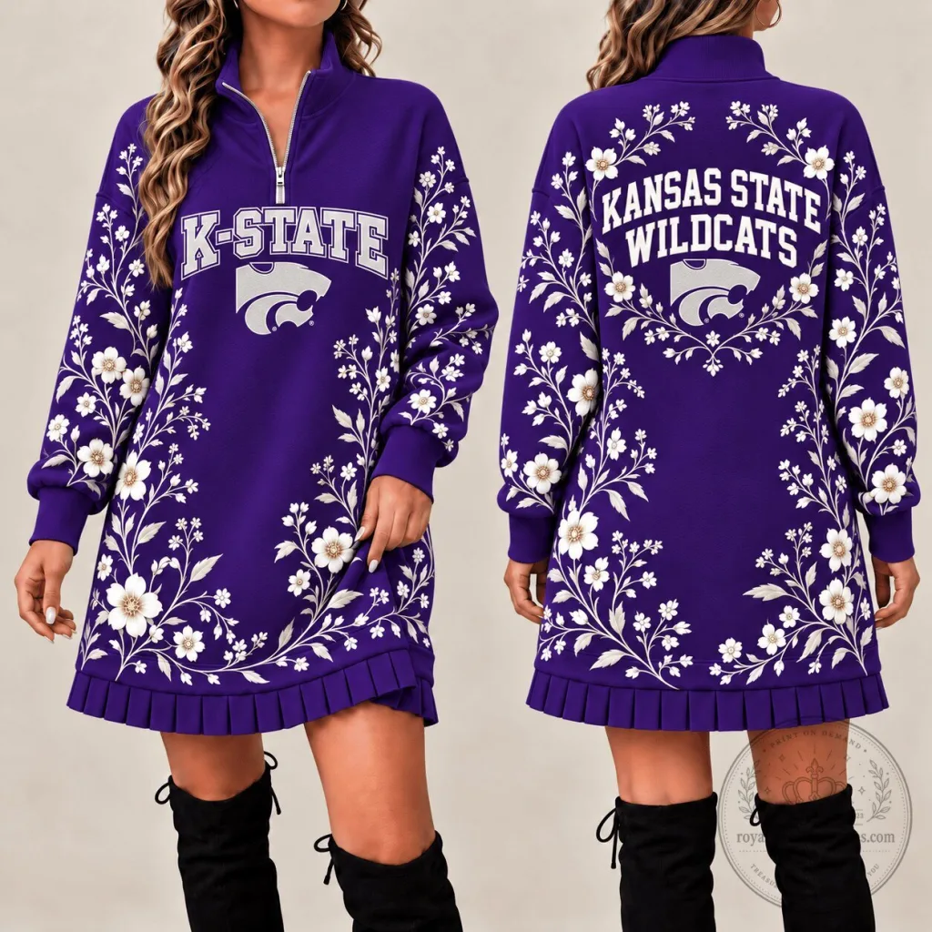 Kansas State Wildcats Floral Pattern Purple Quarter Zip Sweatshirt Dress