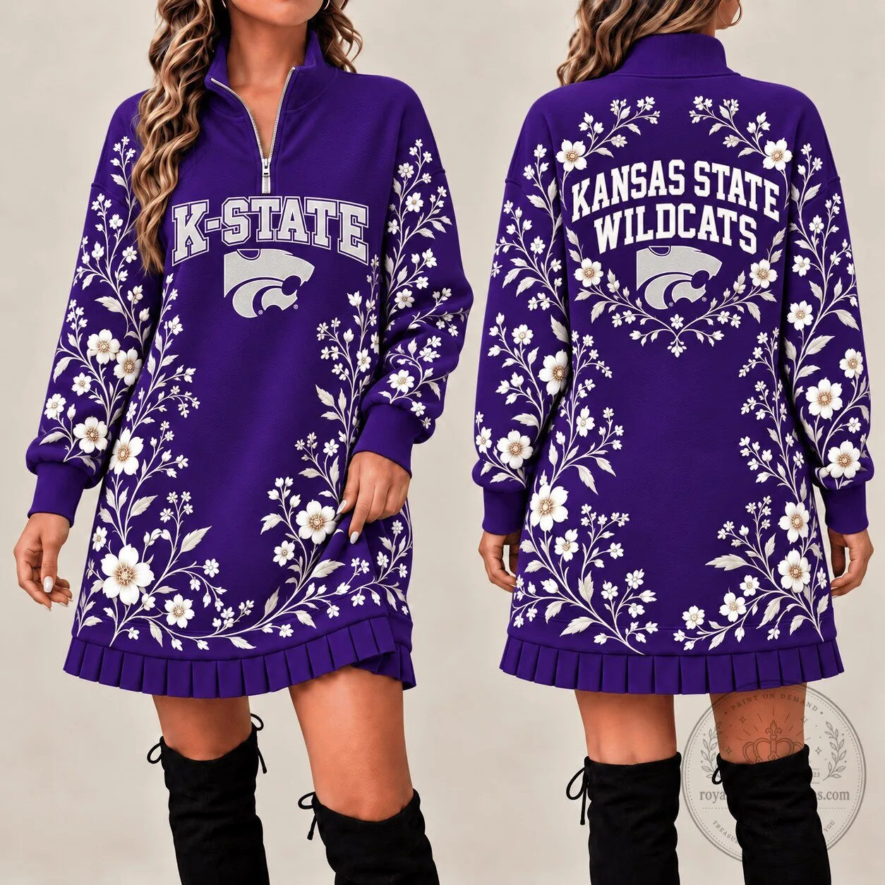 Kansas State Wildcats Floral Pattern Purple Quarter Zip Sweatshirt Dress