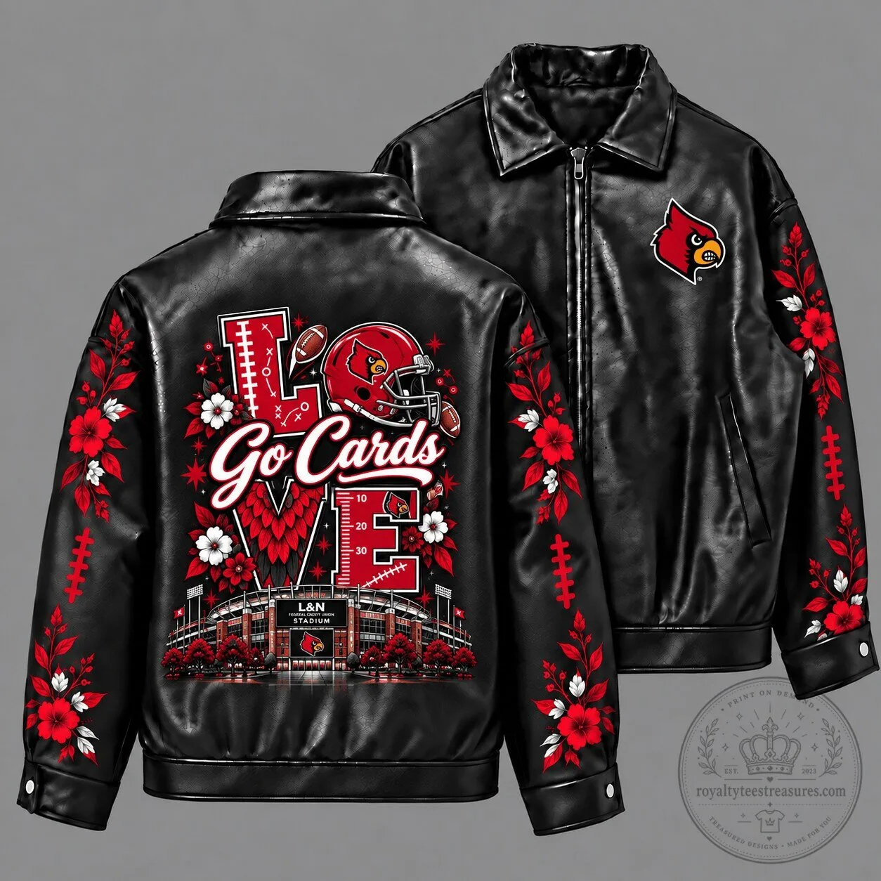 Louisville Cardinals Football Love Floral Black Leather Jacket