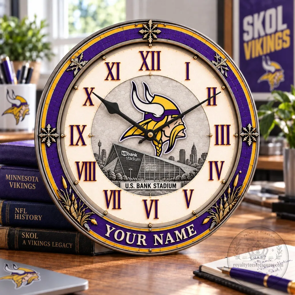 Minnesota Vikings NFL U.S. Bank Stadium Custom Name Wall Clock Minnesota Vikings NFL U.S. Bank Stadium Custom Name Wall Clock