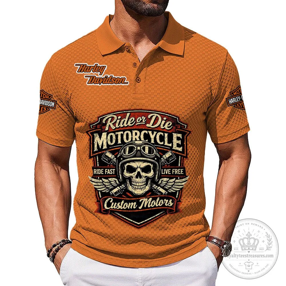Harley Davidson Ride or Die Motorcycle Skull Custom Motors Polo Shirt