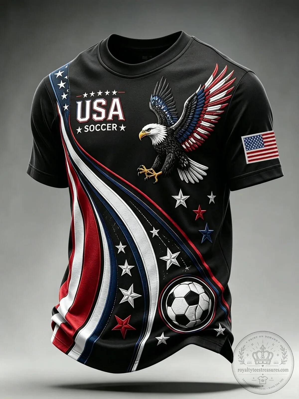 USA Soccer American Eagle Patriotic Stars and Stripes Black T-Shirt