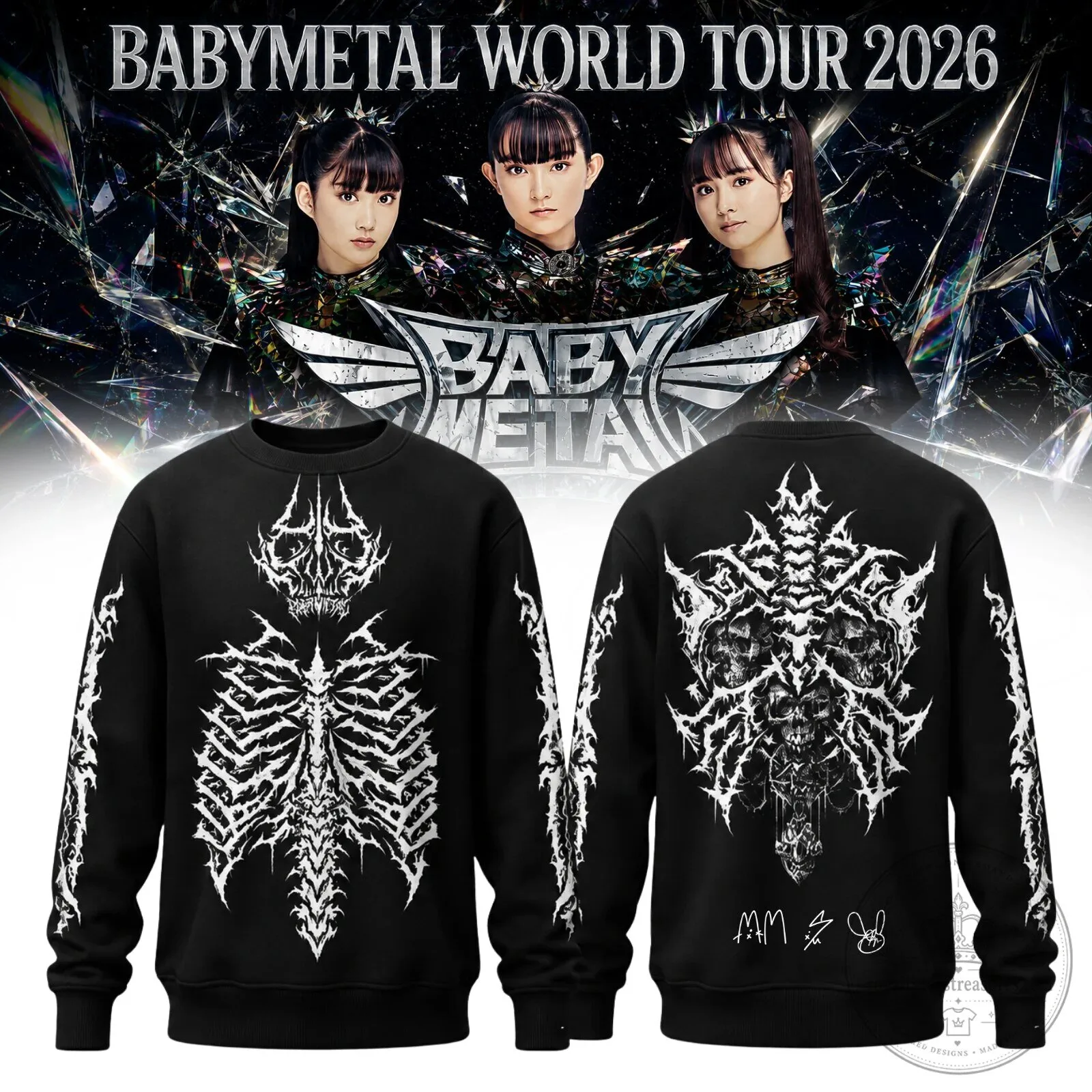 Babymetal World Tour 2026 Skeleton Graphic Black Crewneck Sweatshirt