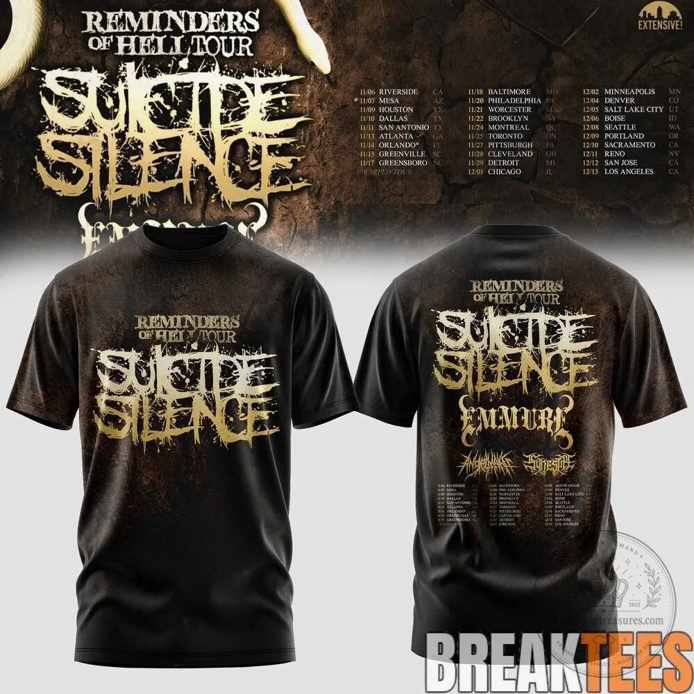 Suicide Silence Reminders of Hell Tour 2023 Deathcore Band Black T-Shirt
