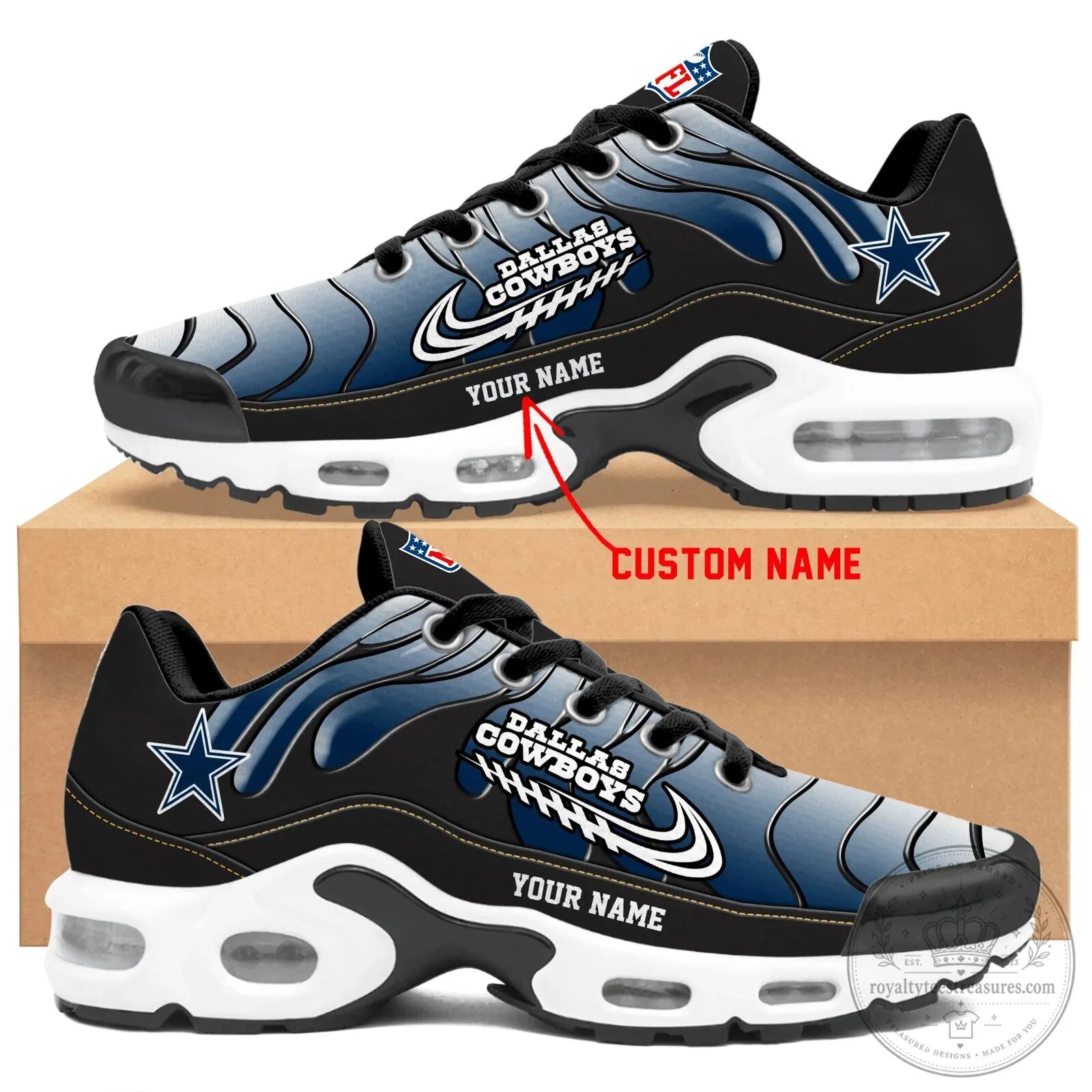 Dallas Cowboys Custom Name NFL Team Logo Blue Air Max Style Sneakers