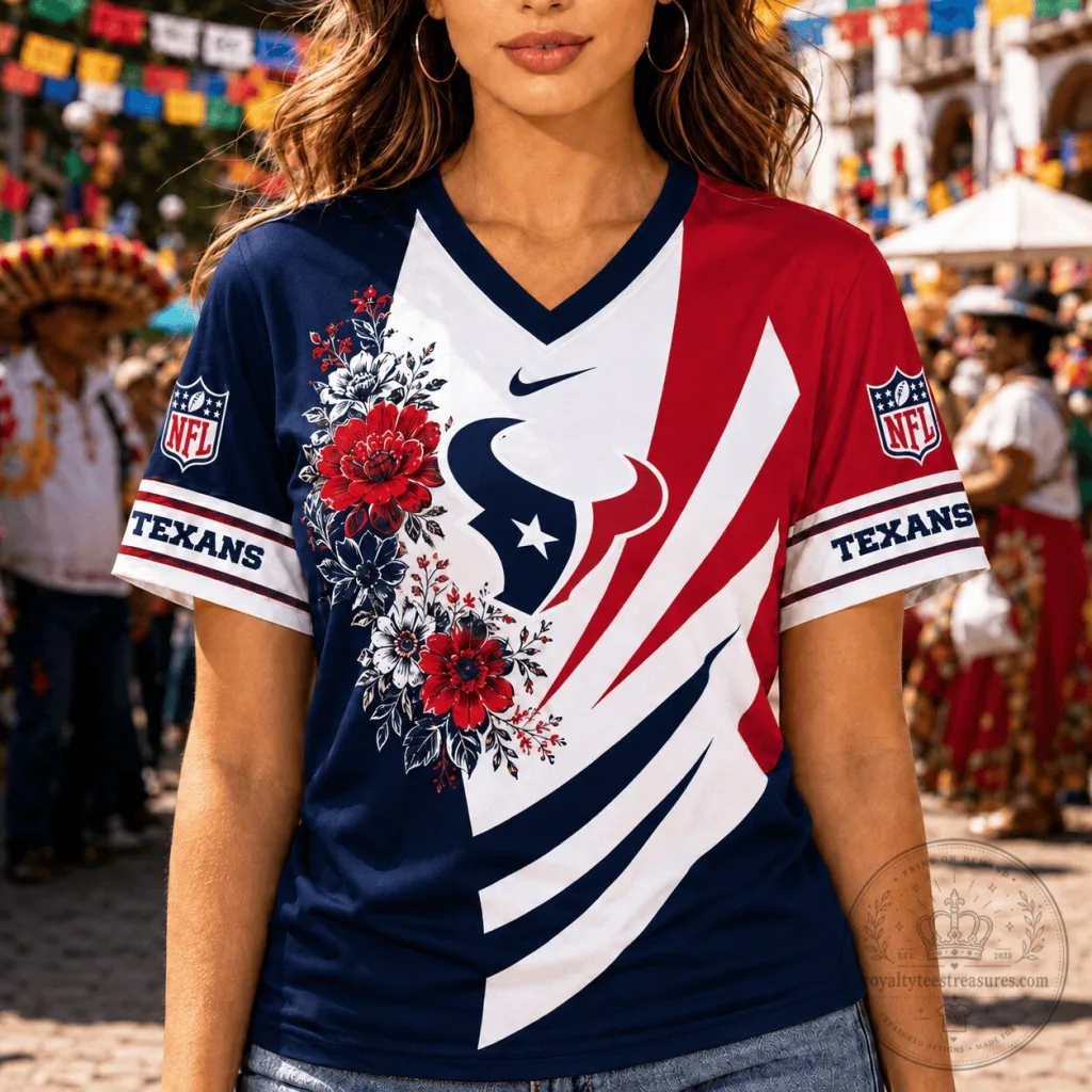 Houston Texans Football Floral Design V-Neck T-Shirt for Women Houston Texans Football Floral Design V-Neck T-Shirt for Women