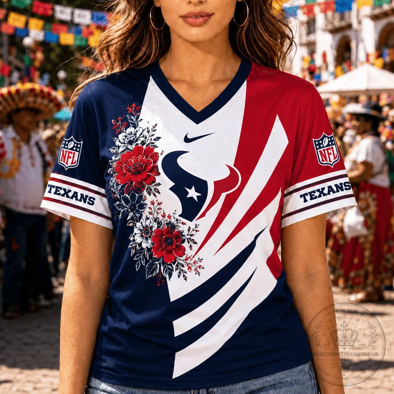 Houston Texans Football Floral Design V-Neck T-Shirt for Women