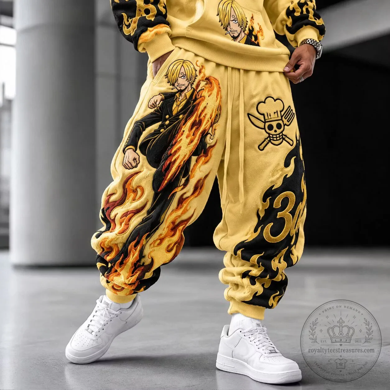 One Piece Sanji Fire Kick Anime Print Yellow Jogger Pants