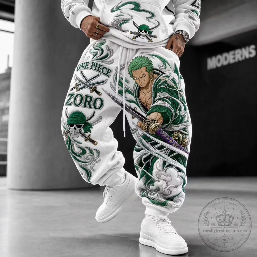 One Piece Roronoa Zoro Anime Character White Graphic Jogger Pants One Piece Roronoa Zoro Anime Character White Graphic Jogger Pants