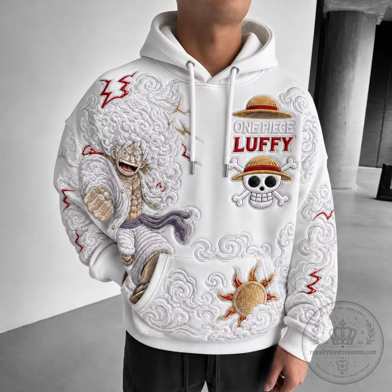One Piece Monkey D. Luffy Gear Five Anime Graphic White Hoodie