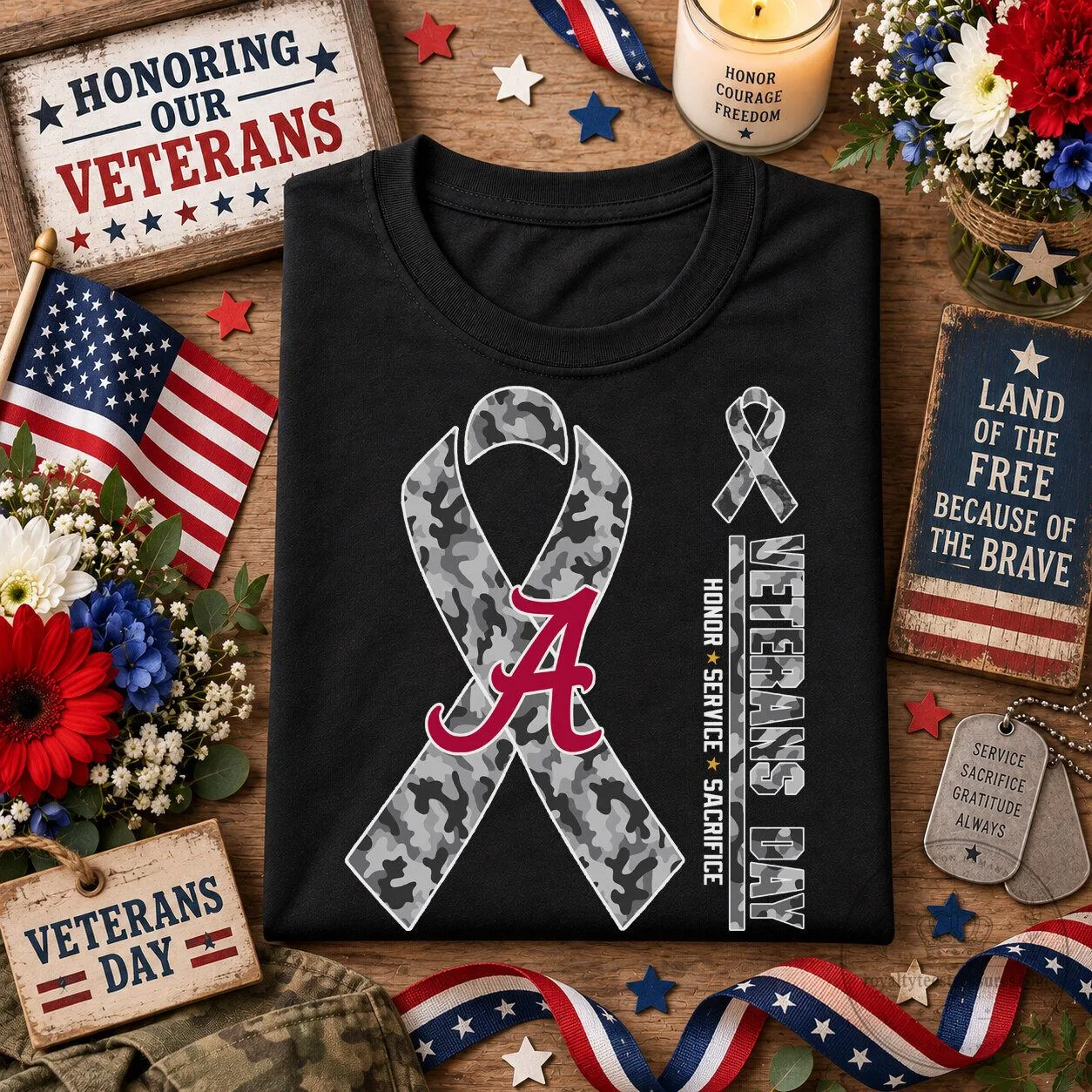 Alabama Crimson Tide Veterans Day Camouflage Ribbon Honor Service Sacrifice T-Shirt