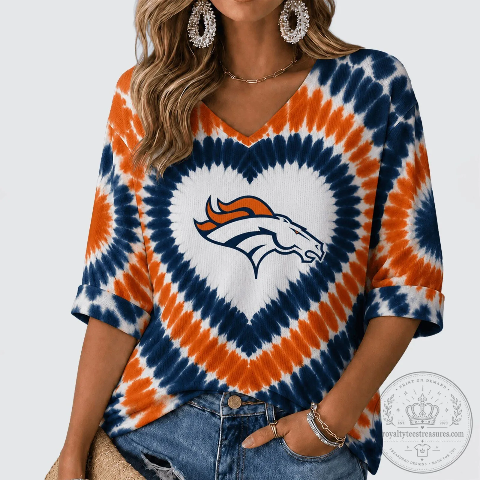 Denver Broncos Tie Dye Heart V-Neck Long Sleeve Shirt