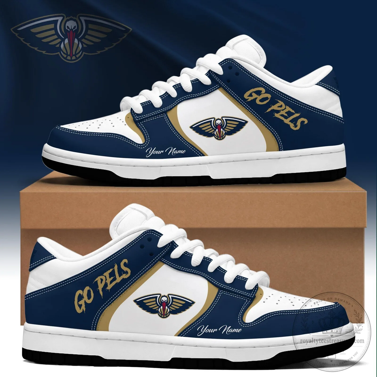New Orleans Pelicans Team Logo Custom Name Blue and White Fan Shoes
