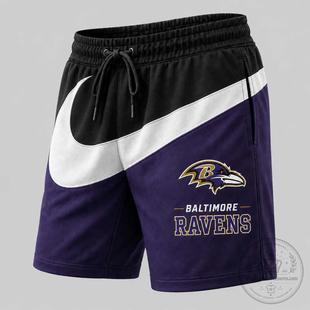 Baltimore Ravens NFL Team Logo Black Purple Swoosh Athletic Shorts