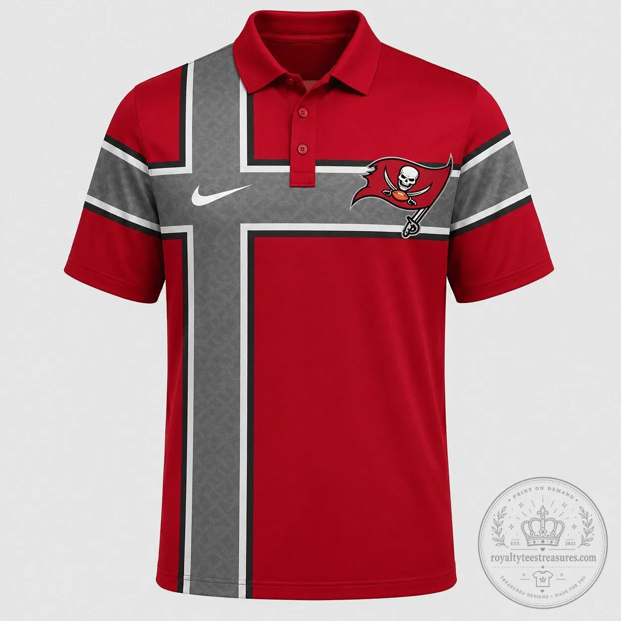 Tampa Bay Buccaneers Red and Gray Cross Stripe Polo Shirt for Men