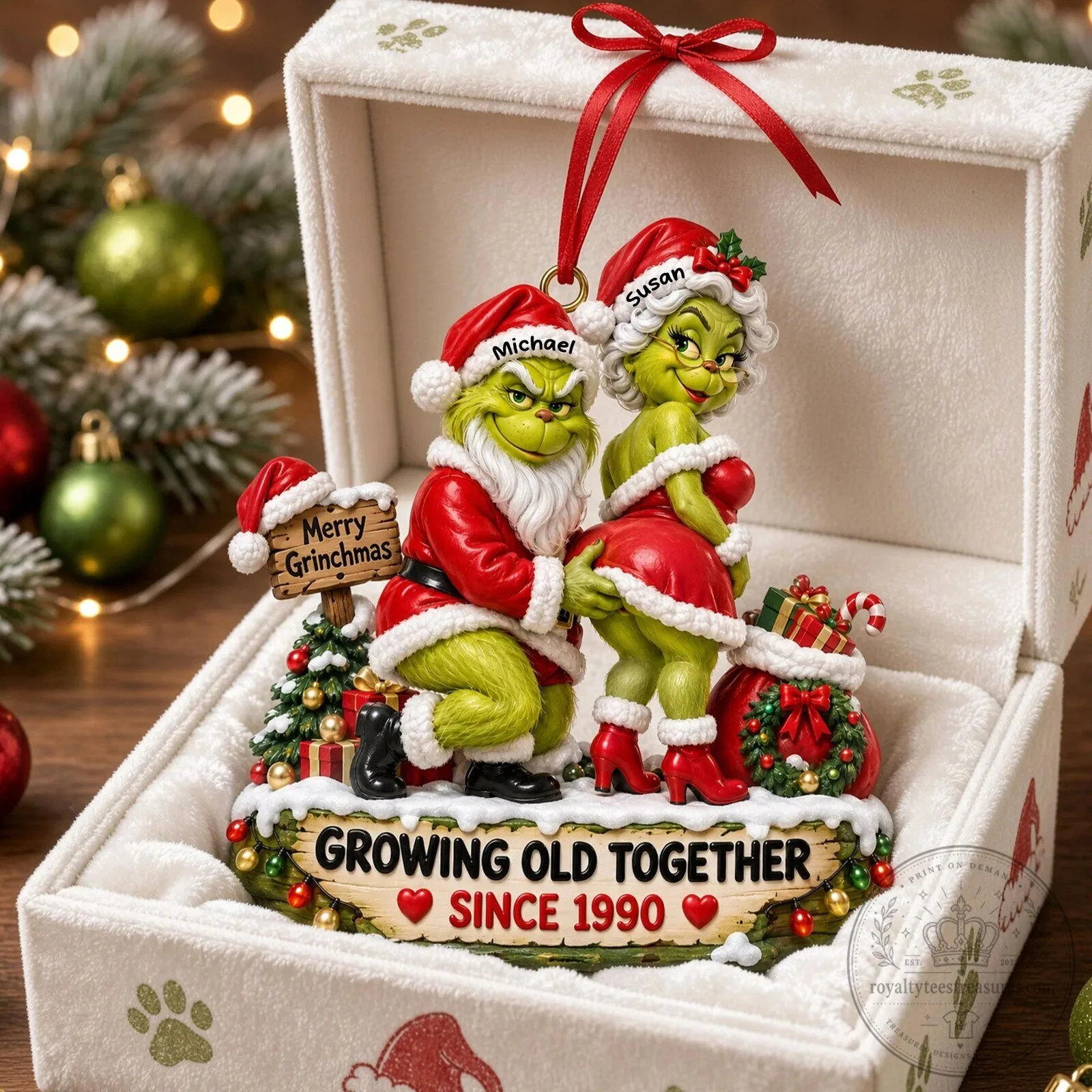 Funny Grinch and Girlfriend Christmas Ornament, Personalized Couple Holiday Decoration