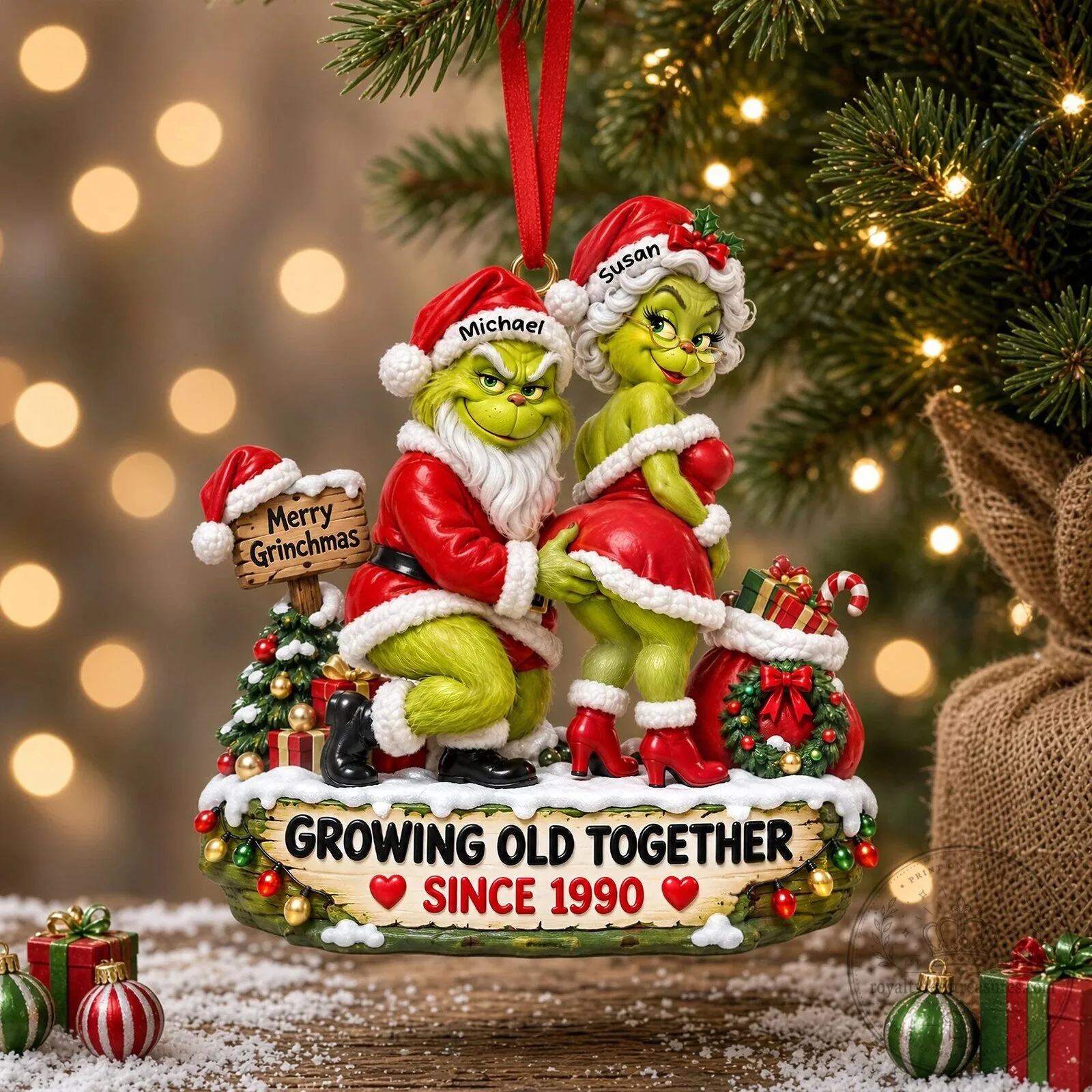 Funny Grinch and Girlfriend Christmas Ornament, Personalized Couple Holiday Decoration 4 Funny Grinch and Girlfriend Christmas Ornament, Personalized Couple Holiday Decoration