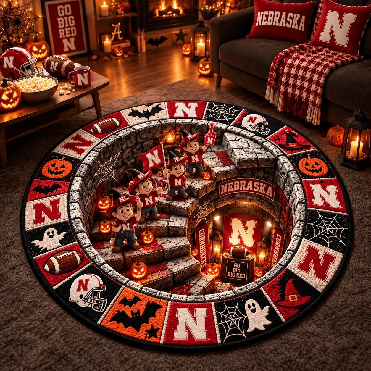 Nebraska Cornhuskers Halloween College Football Fan Round Rug