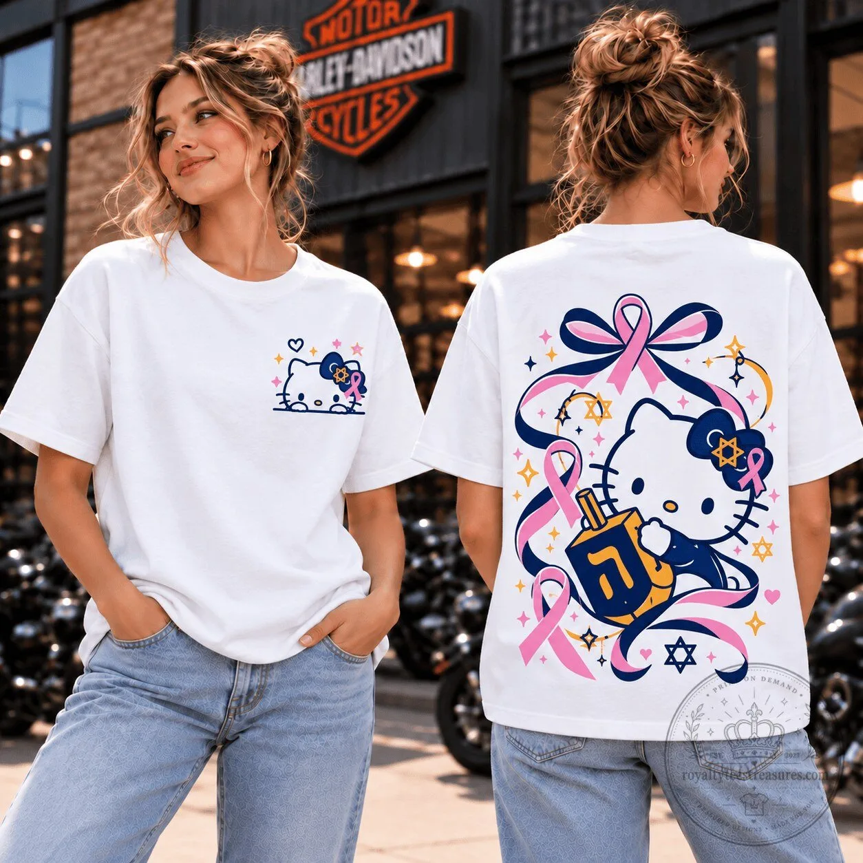 Hello Kitty Hanukkah Pink Ribbon White Graphic T-Shirt for Women