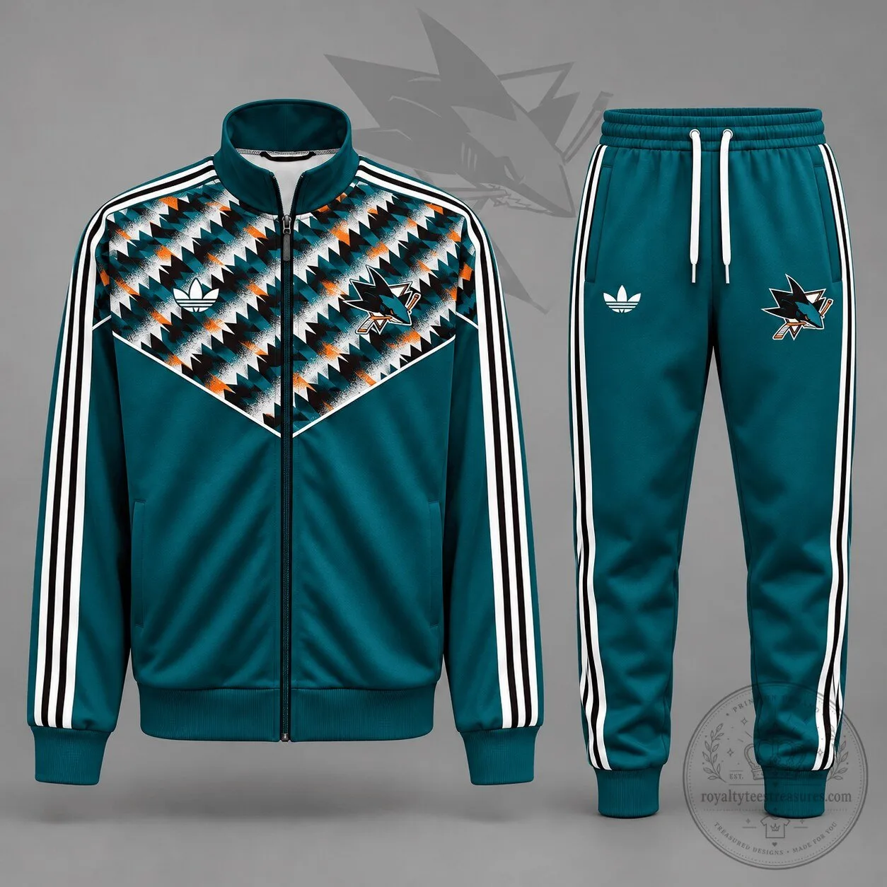 San Jose Sharks Teal Chevron Pattern Track Jacket and Jogger Pants Set