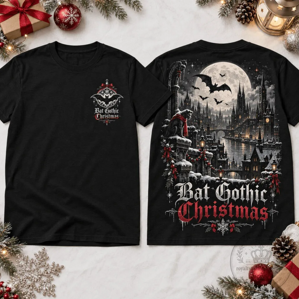 Gothic Christmas Bat Full Moon Cityscape Holiday Black T-Shirt Gothic Christmas Bat Full Moon Cityscape Holiday Black T-Shirt