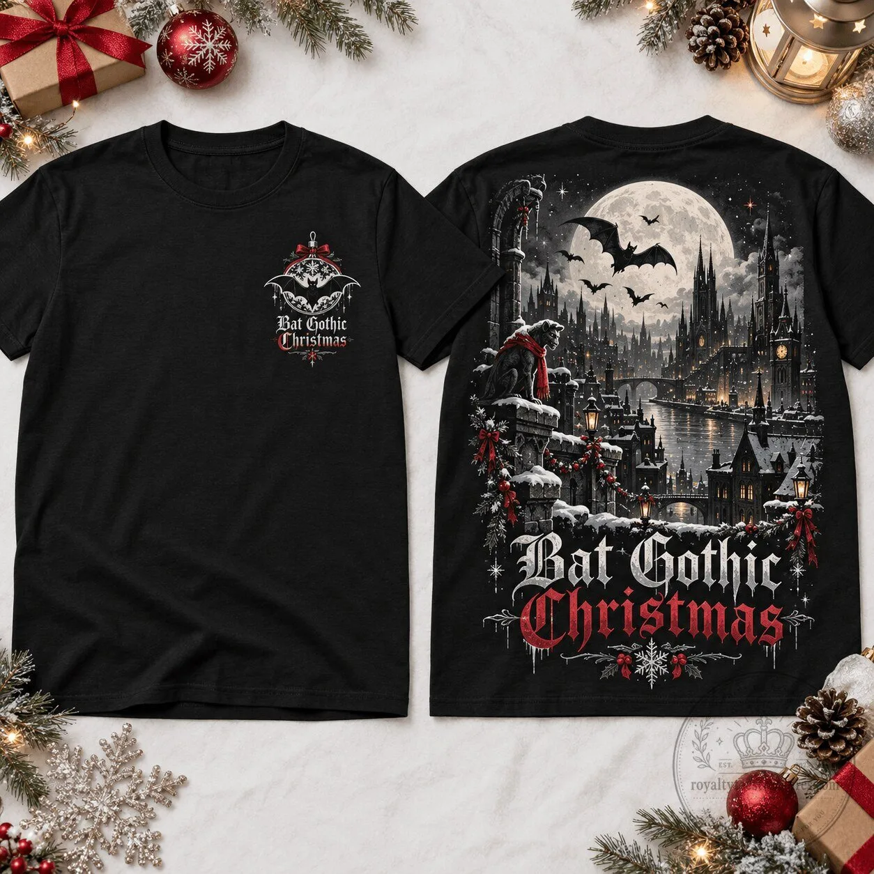 Gothic Christmas Bat Full Moon Cityscape Holiday Black T-Shirt