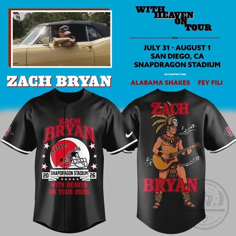 Zach Bryan San Diego State Aztecs With Heaven On Tour 2026 Baseball Jersey