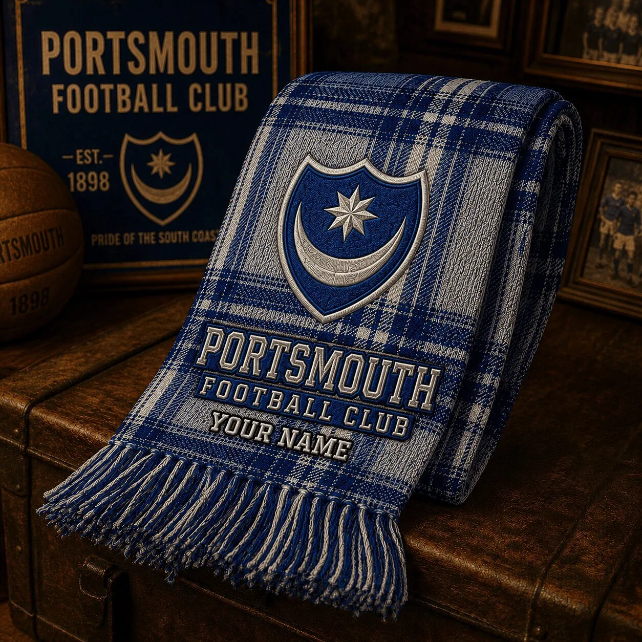 Portsmouth Football Club Custom Name Blue Plaid Fan Scarf