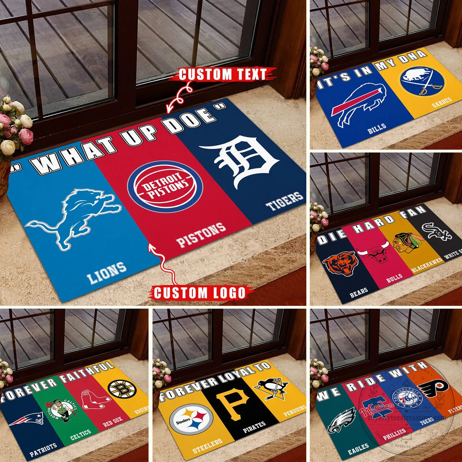 Detroit Lions Pistons Tigers Custom Text Logo Sports Fan Doormat