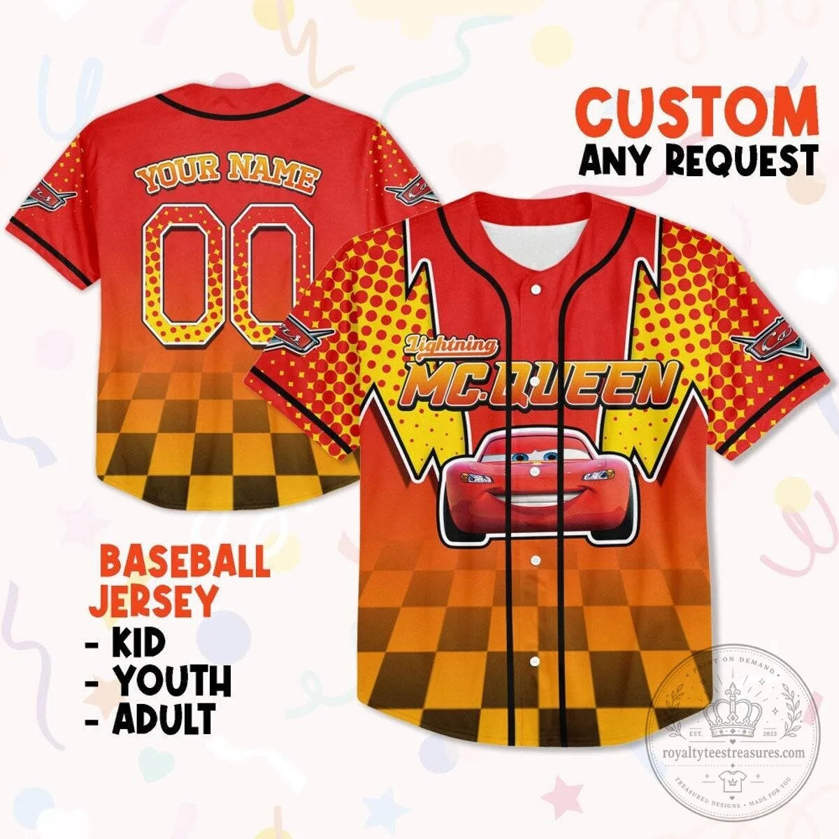 Lightning McQueen Disney Pixar Cars Red Double Bolt Binding Baseball Jersey