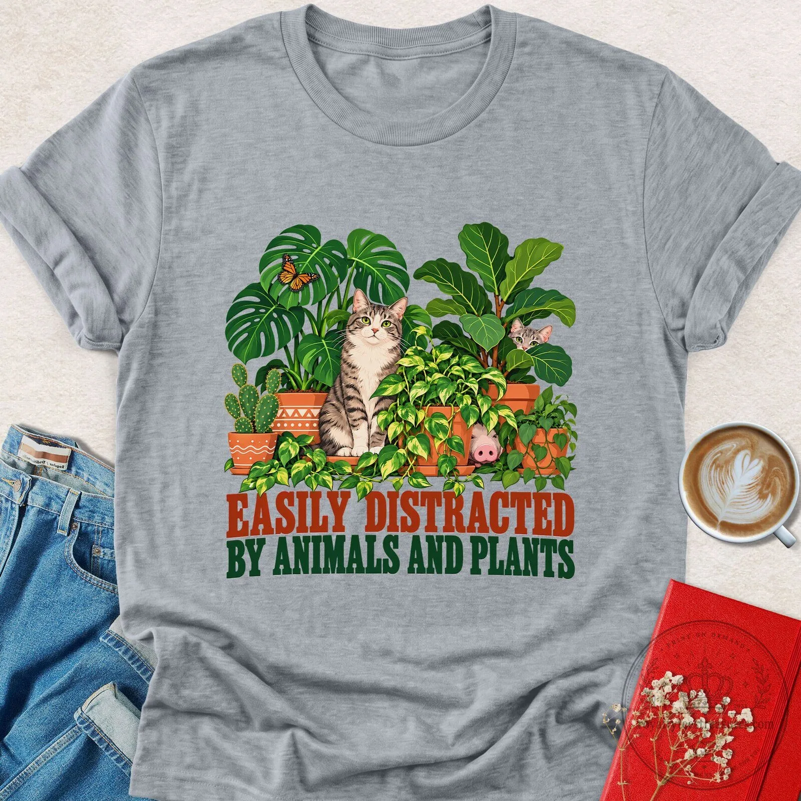 Easily Distracted by Animals and Plants Cat Lover T-Shirt