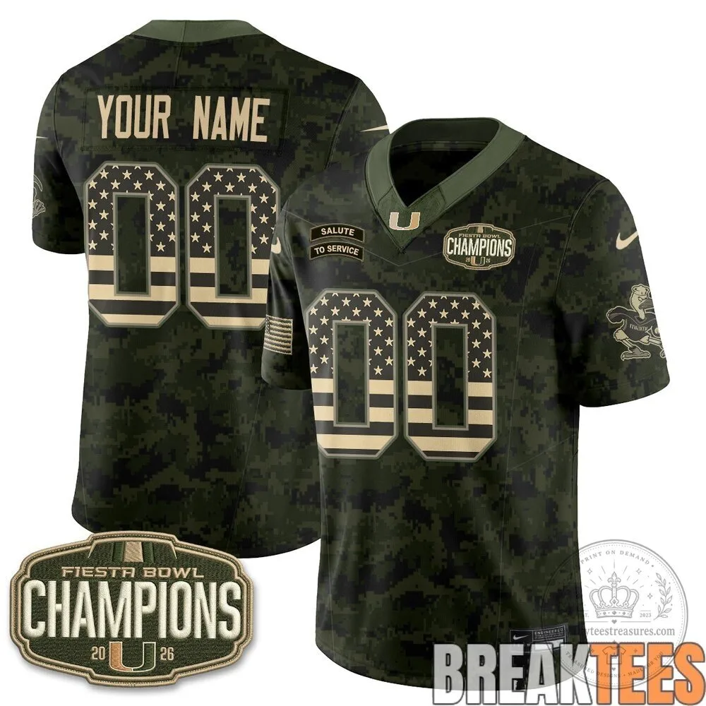 Miami Hurricanes 2026 Fiesta Bowl Champions Salute To Service Custom Football Jersey 5 Miami Hurricanes 2026 Fiesta Bowl Champions Salute To Service Custom Football Jersey