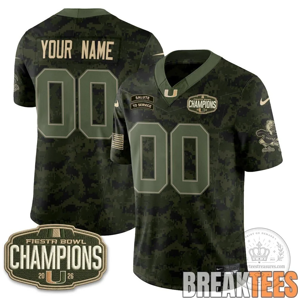 Miami Hurricanes 2026 Fiesta Bowl Champions Salute To Service Custom Football Jersey 6 Miami Hurricanes 2026 Fiesta Bowl Champions Salute To Service Custom Football Jersey