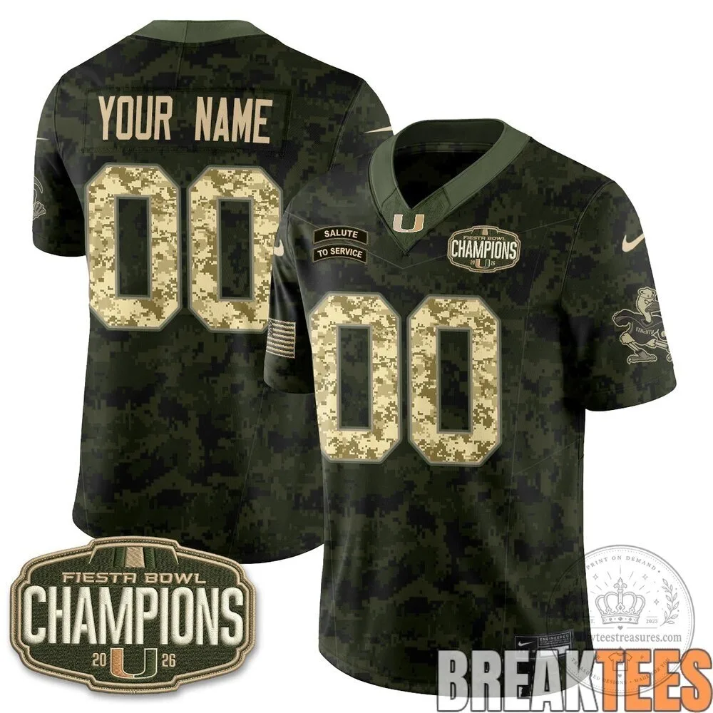 Miami Hurricanes 2026 Fiesta Bowl Champions Salute To Service Custom Football Jersey 7 Miami Hurricanes 2026 Fiesta Bowl Champions Salute To Service Custom Football Jersey