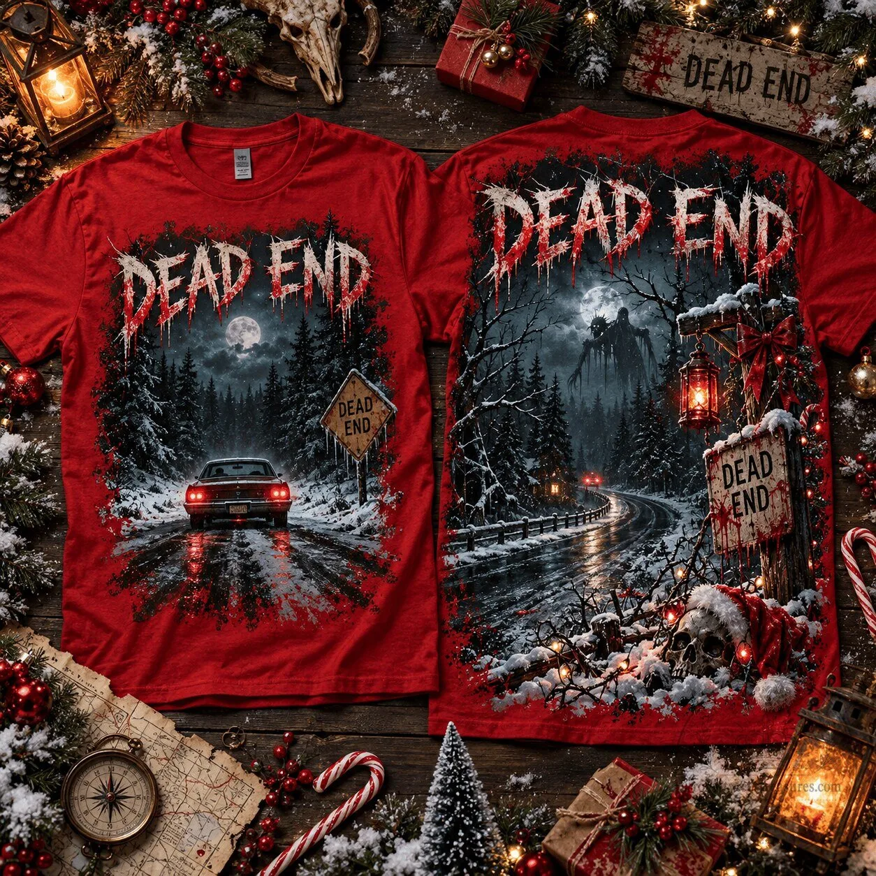 Dead End Snowy Horror Winter Night Car Drive Scary Forest T-Shirt
