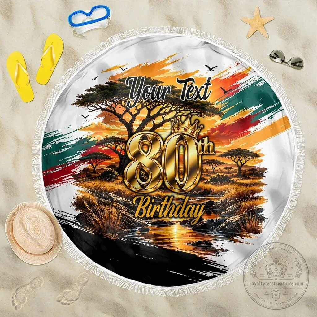 Personalized 80th Birthday African Safari Sunset Landscape Round Beach Blanket