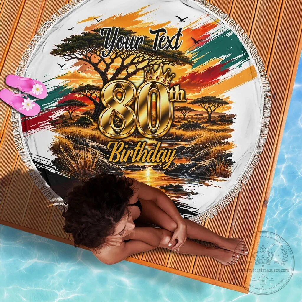 Personalized 80th Birthday African Safari Sunset Landscape Round Beach Blanket 4 Personalized 80th Birthday African Safari Sunset Landscape Round Beach Blanket