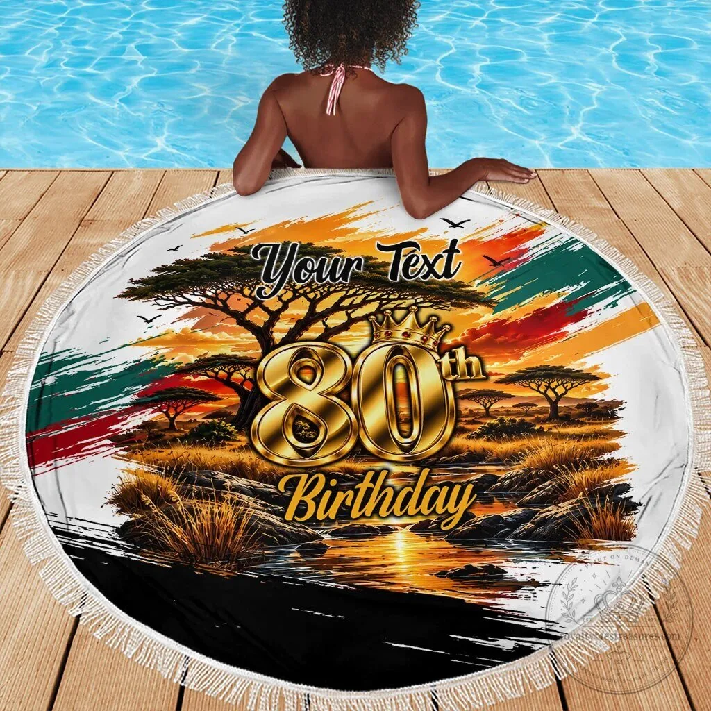 Personalized 80th Birthday African Safari Sunset Landscape Round Beach Blanket 5 Personalized 80th Birthday African Safari Sunset Landscape Round Beach Blanket