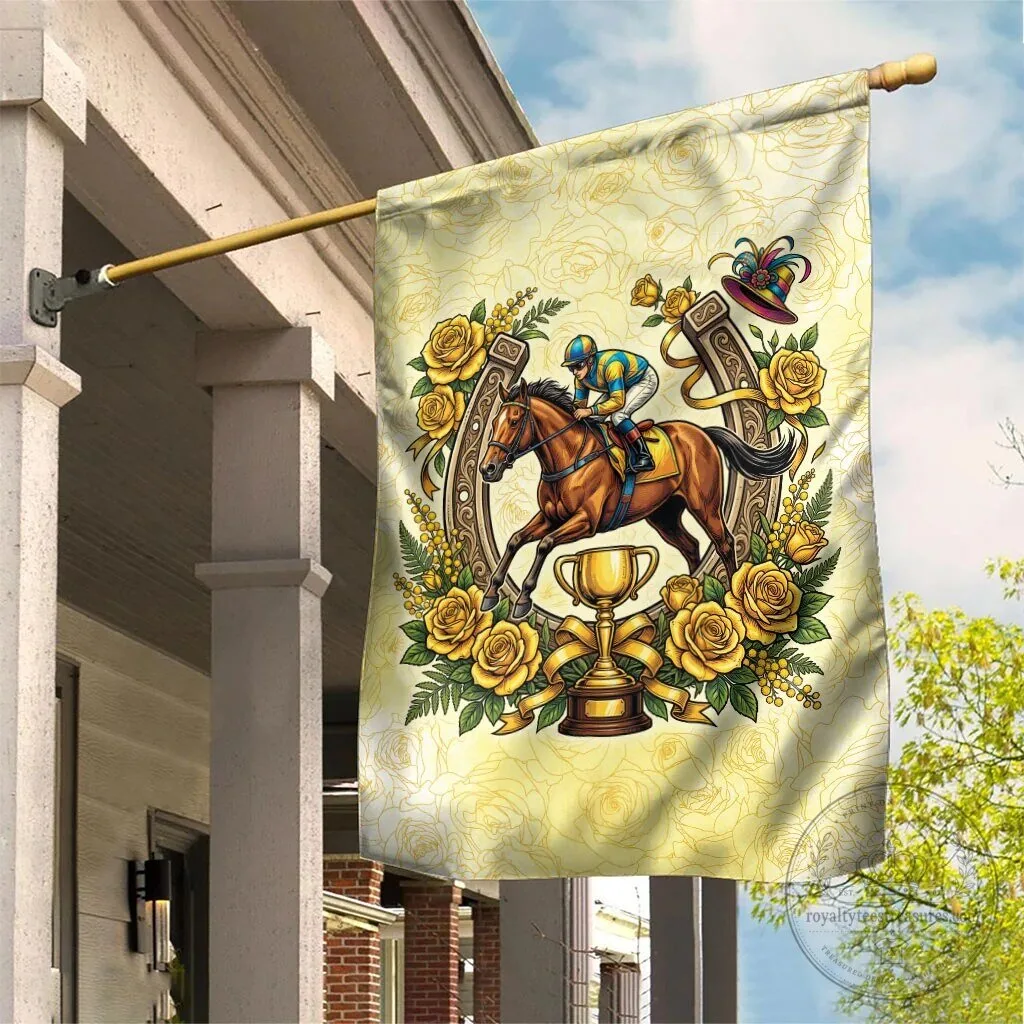 Melbourne Horse Racing Yellow Rose Floral Horseshoe Garden Flag