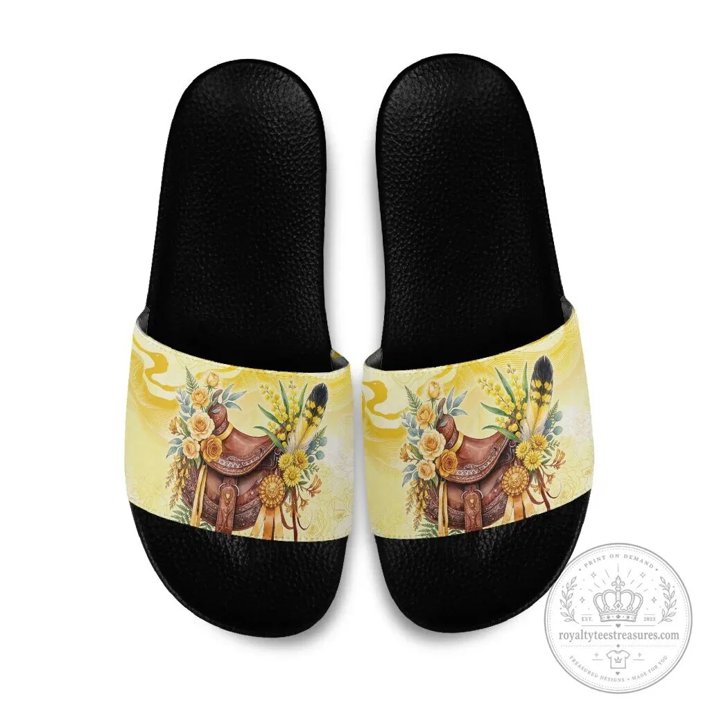 Western Floral Horse Saddle Yellow Rose and Wattle Flowers Slide Sandals