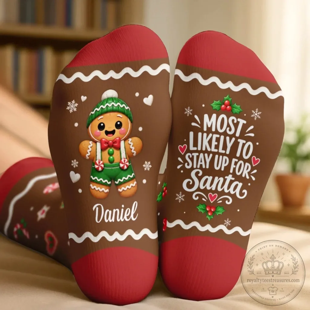 Most Likely To Stay Up For Santa Gingerbread Man Christmas Personalized Socks Most Likely To Stay Up For Santa Gingerbread Man Christmas Personalized Socks