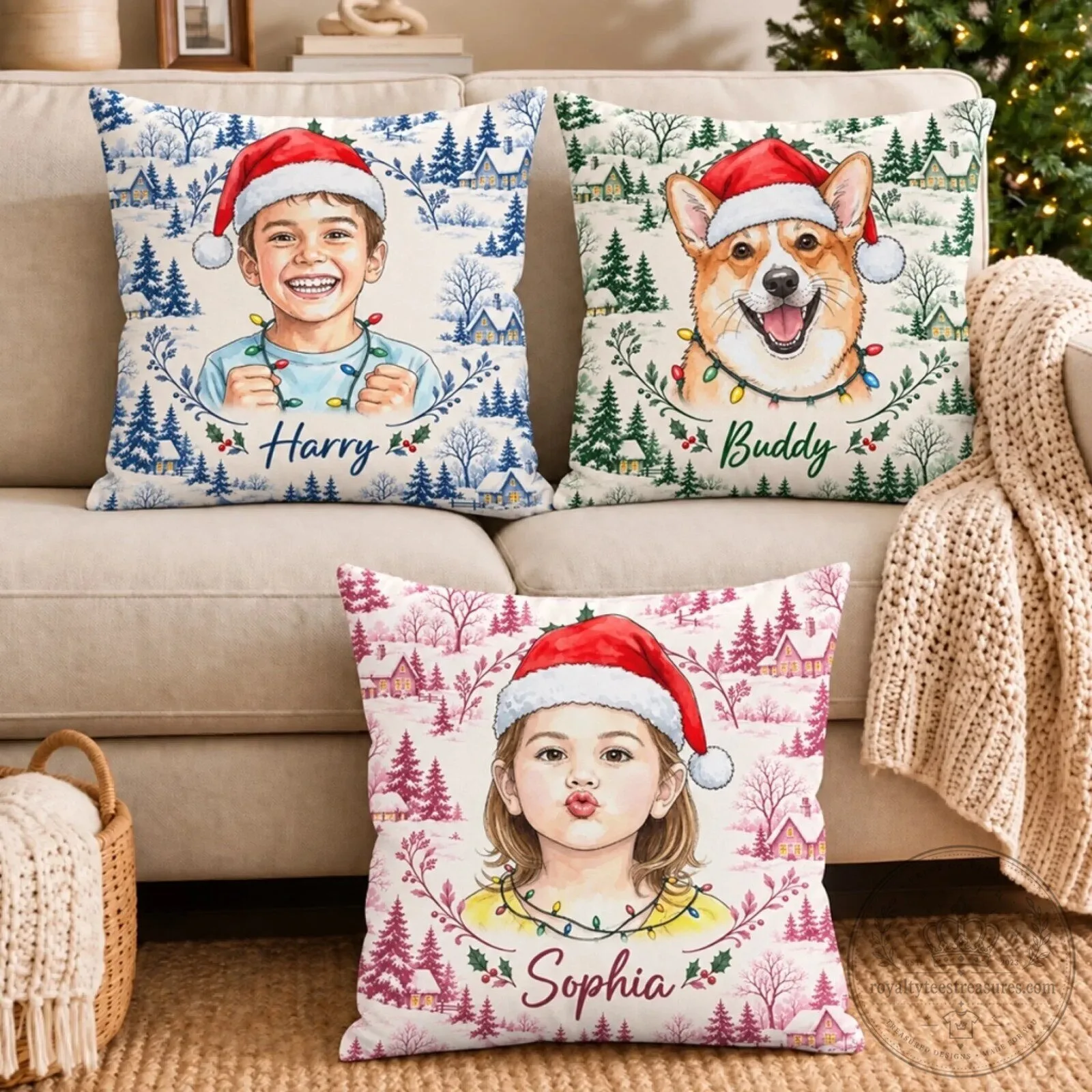 Personalized Christmas Portrait Pillow, Custom Holiday Family Photo Pillow